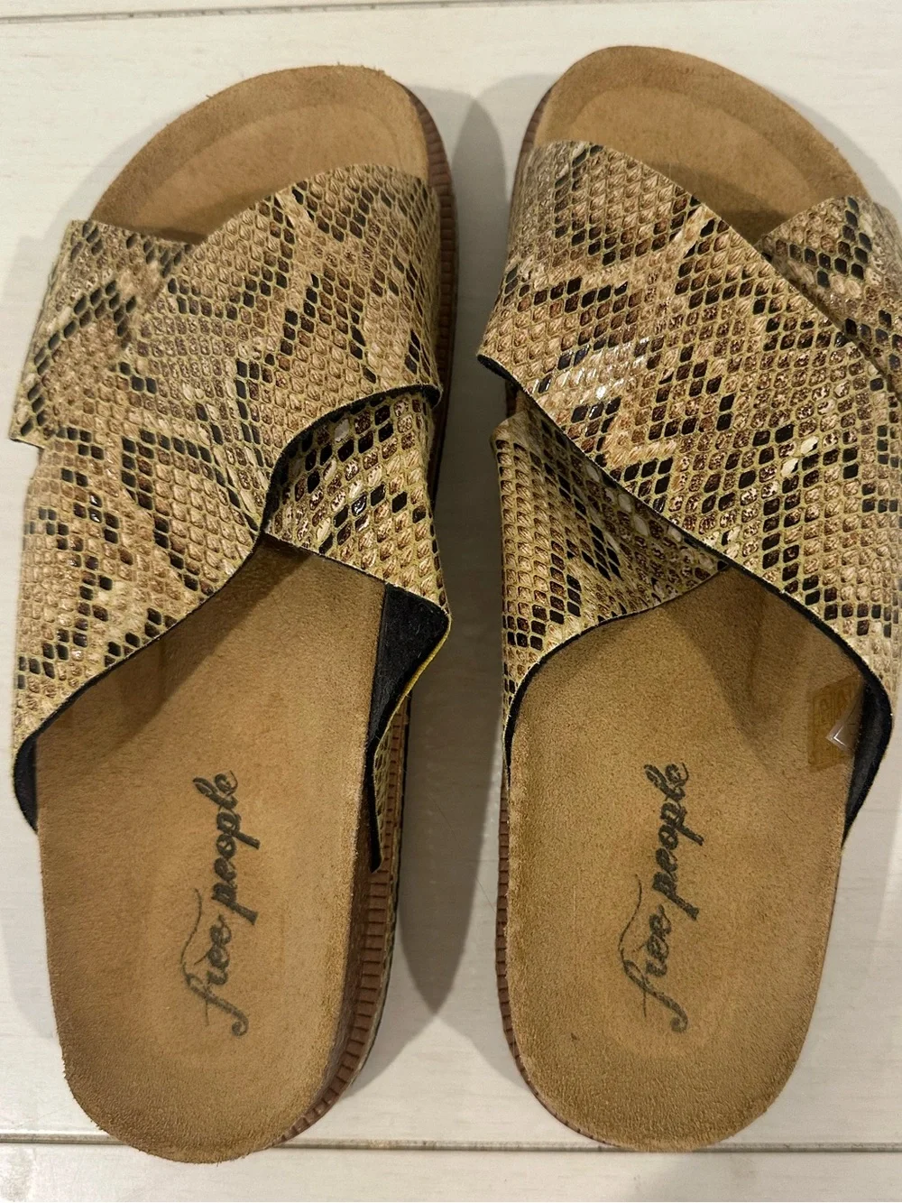 NEW Free People Snake-Print Crisscross Slide in Tan and Black